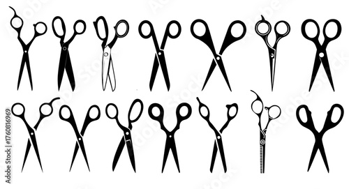 Set of black scissors silhouettes. Hairdressing tools, barber shears, and cutting instruments for salon design, icons, and vector illustrations