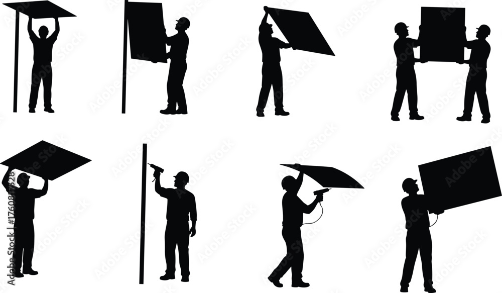 Obraz premium Silhouette vector illustration of workers lifting, positioning, and installing large panels, teamwork, solar energy, construction, labor, repair, building, and industry