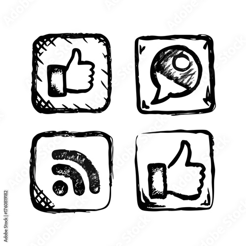 Grunge-style hand-drawn social media icon pack