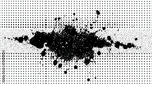 Abstract Black Ink Splash on Grungy Halftone Dotted Background - Distressed Paint Splatter Design Element Texture