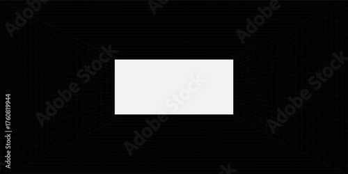 Futuristic perspective grid box. Abstract wireframe with white grid line on black background. Virtual reality landscape in 80s 90s digital style. Vector