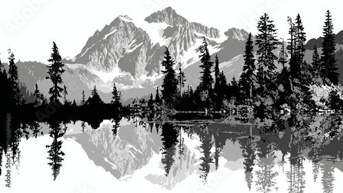 Scenic black and white vector of snow-capped mountains, evergreen trees, and their calm lake reflection.