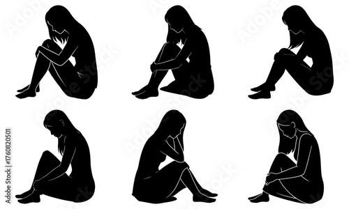 Silhouettes of women sitting with knees drawn up to their chest in various poses on a white background