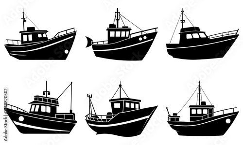 Collection of six black and white silhouette illustrations of various fishing boats with different designs