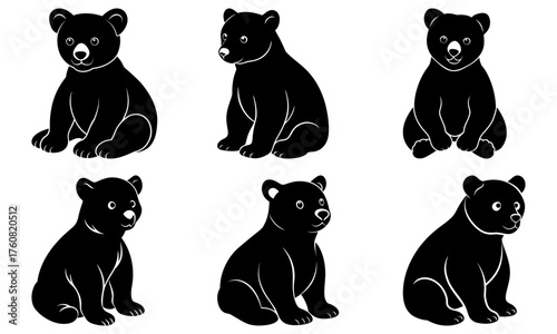 Illustration of six black bear cubs sitting in various poses on a white background in a vector format
