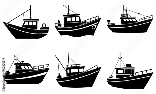Silhouette illustration showcasing a set of six fishing boats with varying designs and orientations