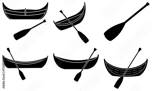Illustration of six gondolas with paddles in black and white vector format showcasing venetian boats and oars