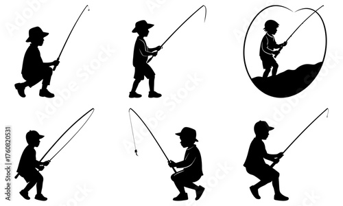 Silhouettes of young boys fishing with rods in various poses and a decorative frame on a white background