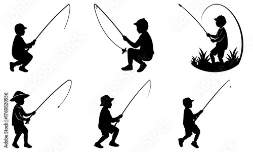 Silhouettes of children fishing in various poses with fishing rods and hats in a black and white drawing