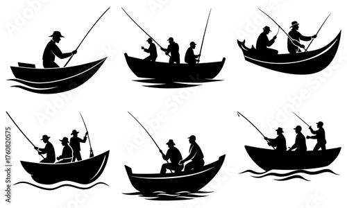 Silhouetted fishermen in boats casting lines on water in a monochrome vector illustration of angling scenes
