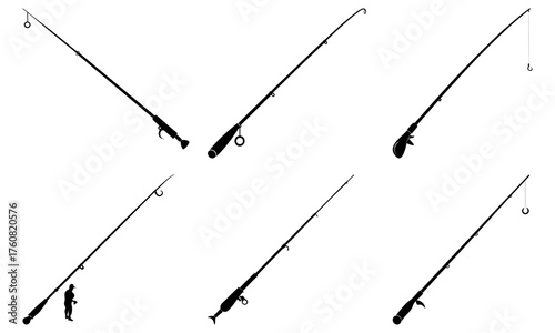Silhouette depictions of fishing rods with various attachments and a figure standing near one rod
