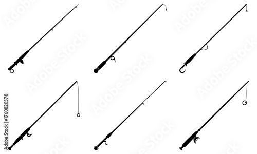 Six black and white fishing rod illustrations with hooks and lines in different orientations and positions