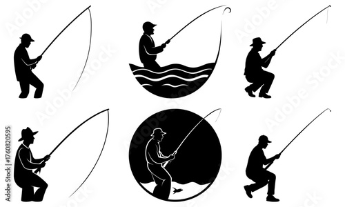 Silhouettes of fishermen with fishing rods in various scenes and poses in a monochrome vector image