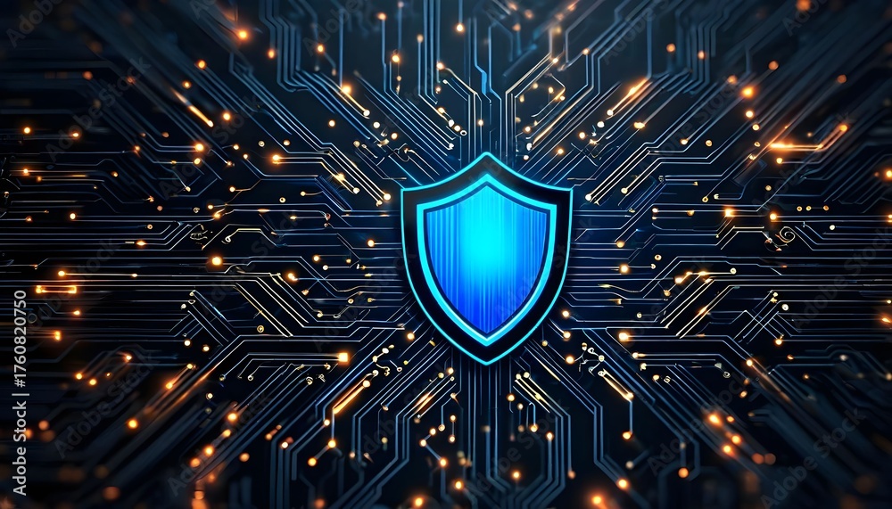 Fototapeta premium Cybersecurity shield on circuit board, digital protection concept.