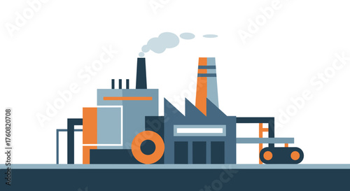 Stylized vector illustration of an industrial factory building with smoke emitting from a chimney