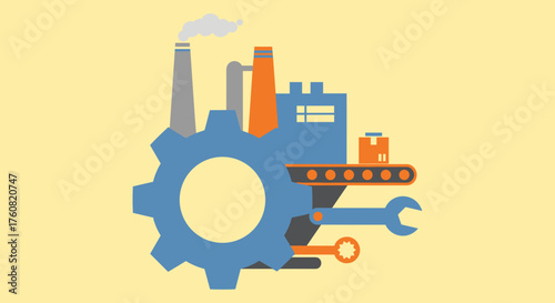 Industrial illustration Factory gear tools and conveyor belt symbolizing production and engineering