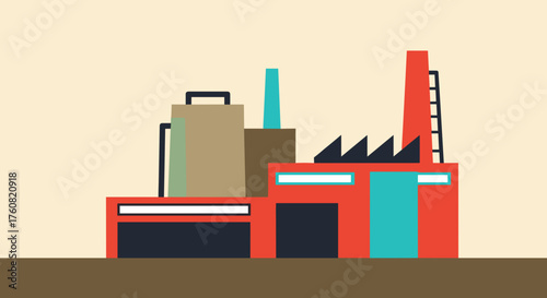 Stylized industrial factory illustration with smokestacks and bold colors representing production
