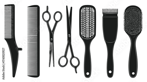 Collection of professional black hair styling and cutting tools, including various combs, shears, and brushes, isolated on white.