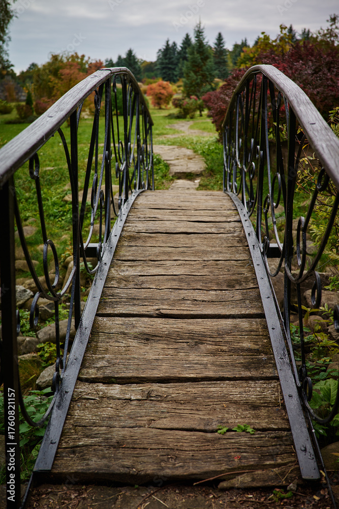 Obraz premium Wooden bridge over the river in the autumn forest. Toned.