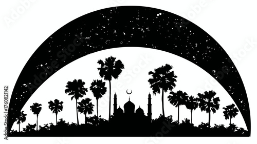 Detailed Islamic Mosque Silhouette with Palm Trees and Crescent Moon Symbol, Vector Illustration for Religious Background
