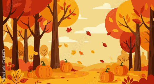 Warm autumn colors and pumpkins create a cozy, inviting scene. Perfect for seasonal promotions and designs, evoking feelings of harvest and festive celebrations.