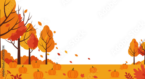 A cozy autumn landscape with pumpkins and falling leaves creates a warm, inviting feel. Perfect for seasonal promotions, Thanksgiving designs, and festive harvest celebrations.