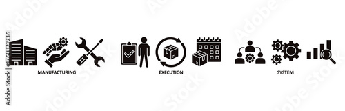MES icon set vector illustration for manufacturing execution system with icon of factory, service, automation, operation, production, distribution, management, structure, and analysis
