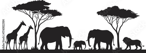 African wildlife silhouette illustration, giraffes elephants and lion under acacia trees, savanna landscape vector, safari animal design, nature art