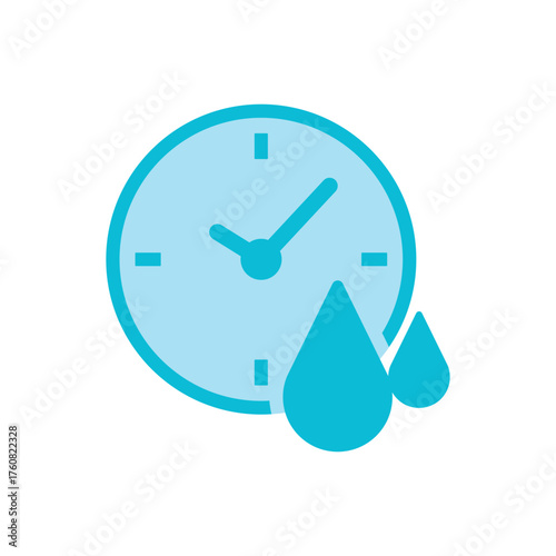 Time and hydration icon. Clock with water drops, symbolizes reminders, hydration routine, and timed care.