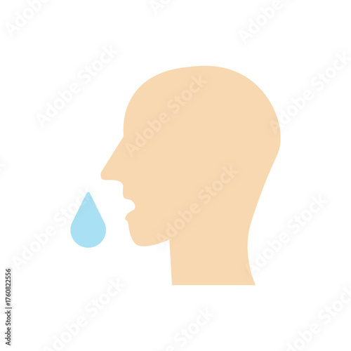 Throat hydration icon. Head profile with a water drop near mouth, suited for throat care and hydration topics.