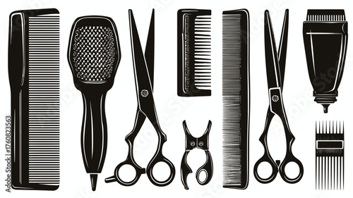 Professional Hairdressing and Barber Tools Set with Combs, Scissors, and Brushes in Vintage Engraved Style