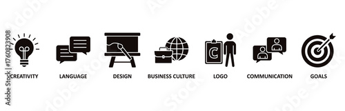 Corporate identiy icon set vector illustration for creativity, language, design, business culture, logo, communication and goals
