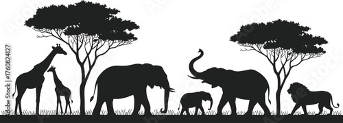 Beautiful African wildlife silhouette illustration with elephants, giraffes, lion, and trees in savanna landscape, nature conservation and safari theme design