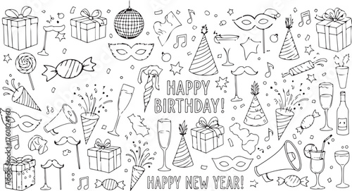 Festive Black and White Doodle Collage with Birthday and New Year Elements Celebration Background for Party Decorations and Holiday Themed Designs Ready for Coloring