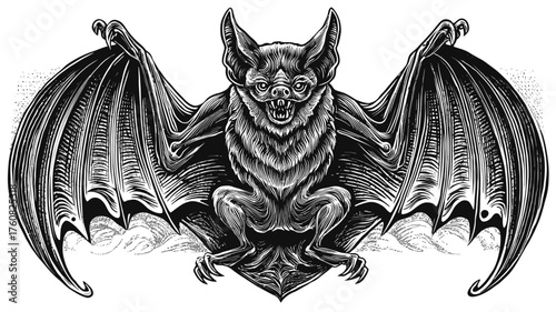 Intricate Gothic Bat Illustration with Outstretched Wings. Vintage Engraving Style Drawing of a Flying Mammal for Spooky and Halloween Designs
