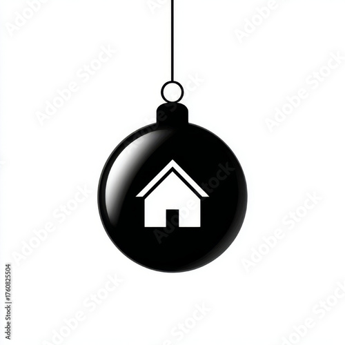 Christmas ornament with house icon, minimalist black white, representing home and holidays