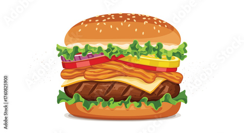 A loaded burger with beef bacon lettuce and tomato.