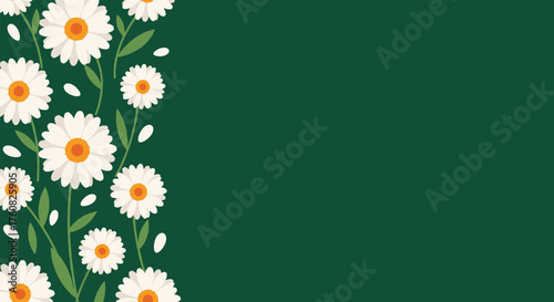 A border of white daisies with green leaves on a deep green background.