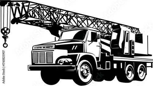 Retro style illustration of a heavy duty mobile crane truck, lifting equipment for construction, engineering, or industrial transport.