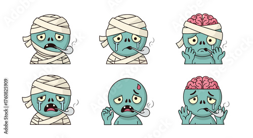 Six zombie mummy emoji expressions with bandages and exposed brains showing various emotions including sadness and pain.