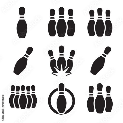Set of Black Bowling Pin Silhouettes and Strike Icons Vector Illustration