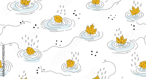 Yellow leaves falling into puddles with ripples and dots.