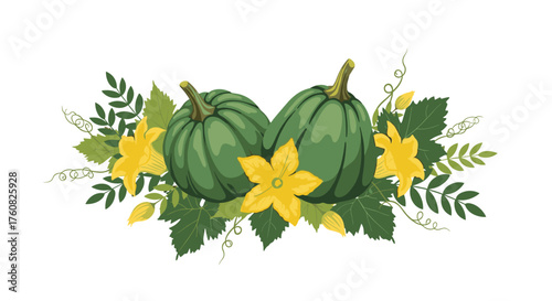 A decorative arrangement of two green pumpkins with yellow flowers and green leaves.