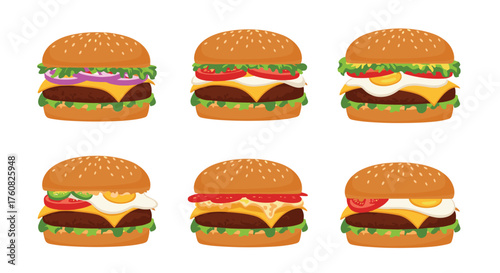 A collection of delicious and diverse hamburger meals. It includes a variety of toppings.