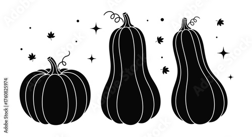 Three pumpkins and starry night illustration.