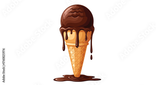 A delicious dripping chocolate ice cream cone on a white background.