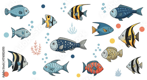 A diverse collection of small pixel art fishes swimming in the ocean.