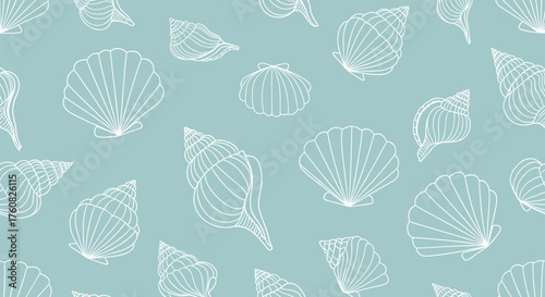 A collection of white seashells scattered across a light blue background.