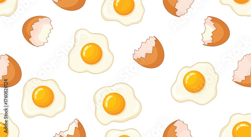 A pattern of fried eggs and broken eggshells on a white background.