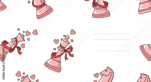 A romantic pattern featuring pink chess pieces adorned with hearts and ribbons.